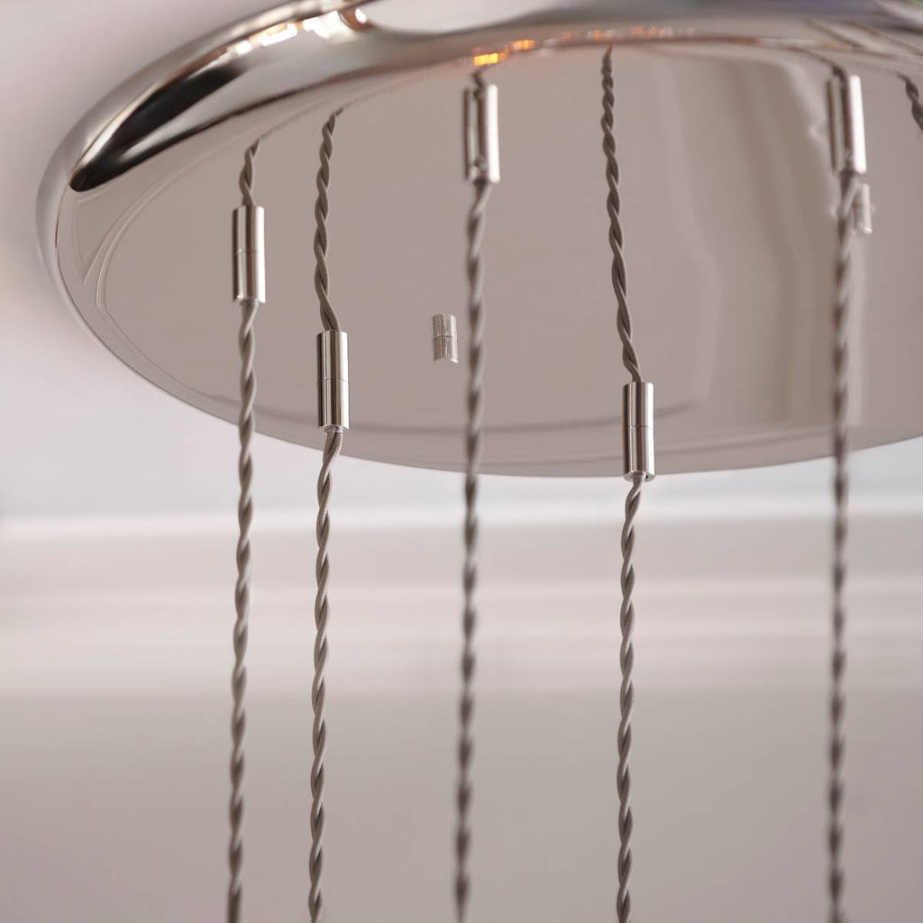 Novena Lavaur 7 Light Cascade Pendant in Bright Nickel with Clear Ribbed Glass Shades