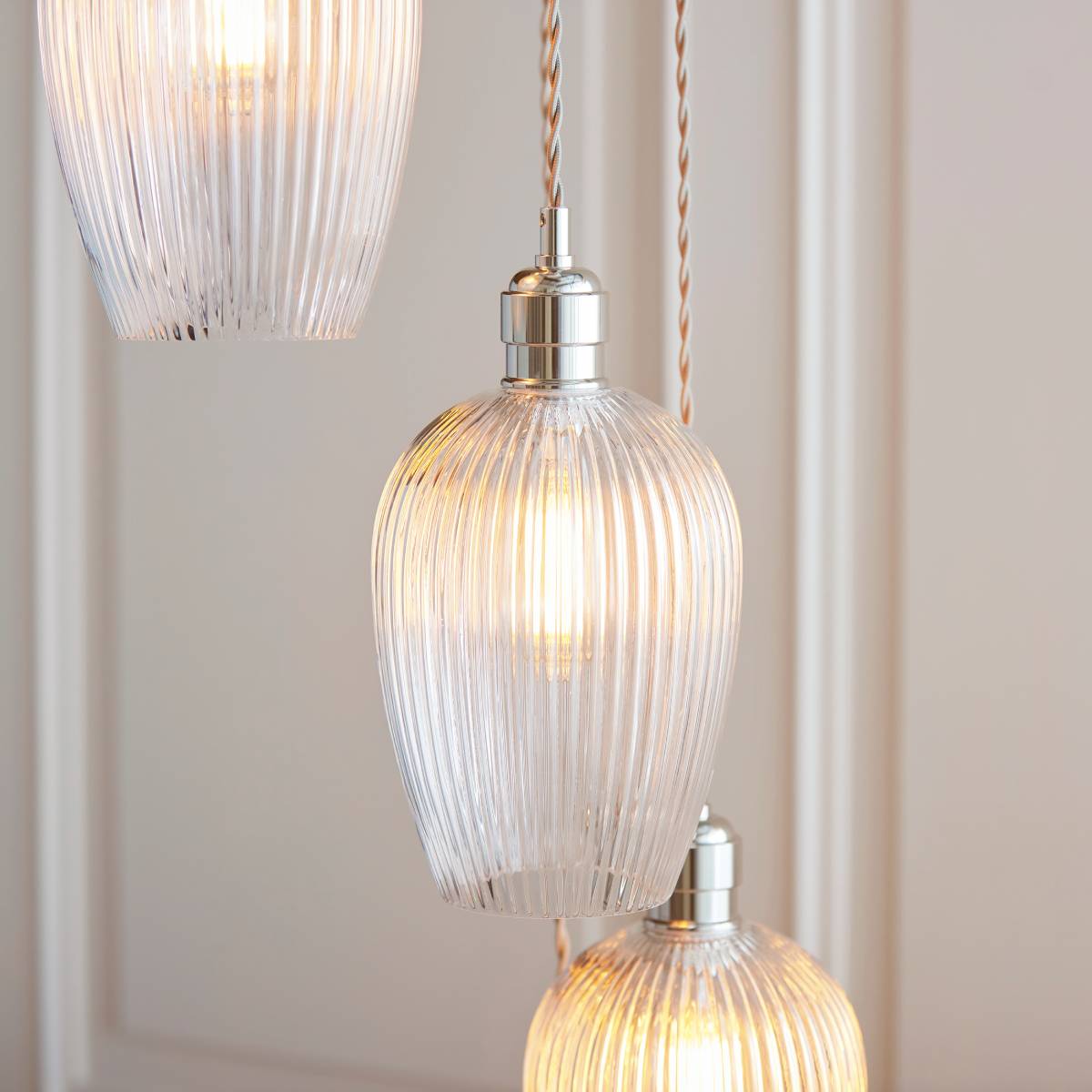 Novena Lavaur 7 Light Cascade Pendant in Bright Nickel with Clear Ribbed Glass Shades