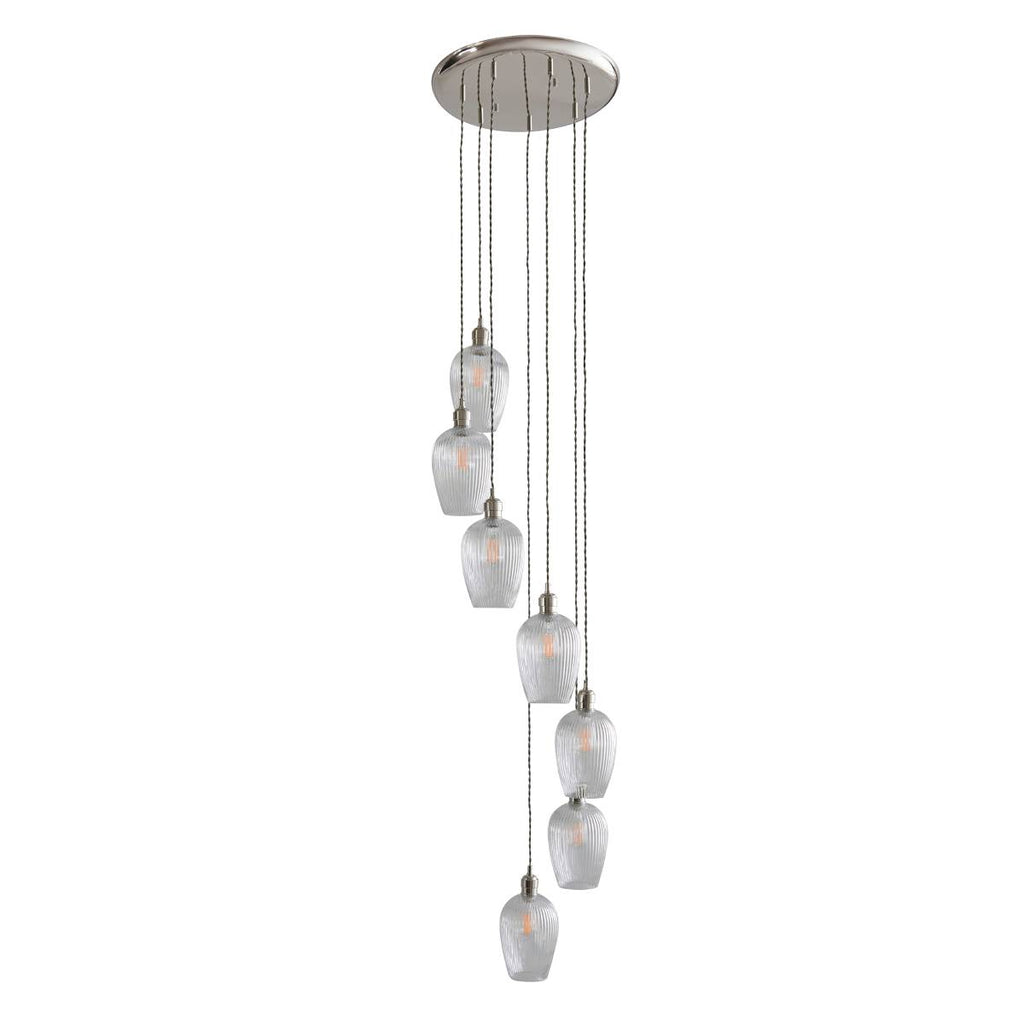 Novena Lavaur 7 Light Cascade Pendant in Bright Nickel with Clear Ribbed Glass Shades