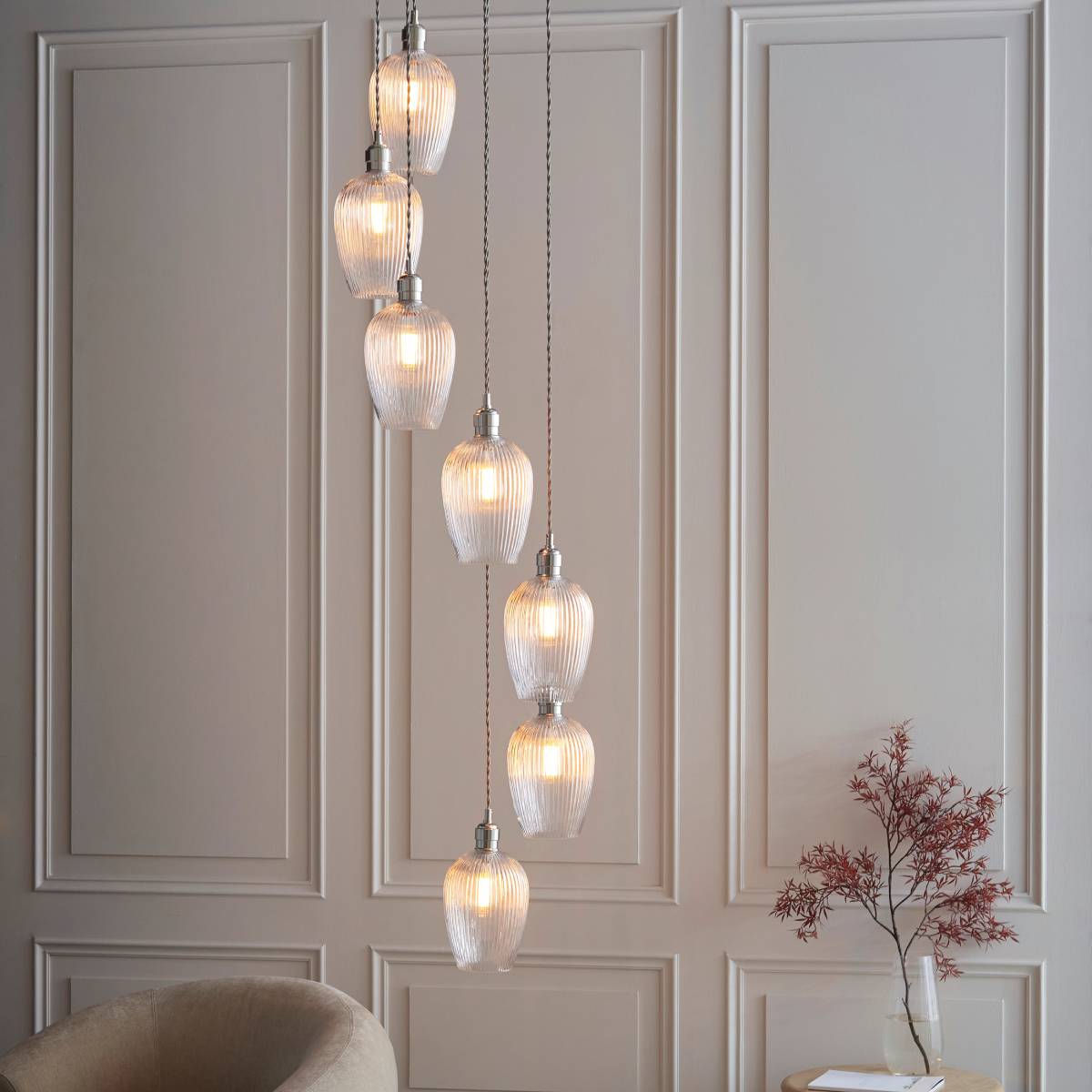 Novena Lavaur 7 Light Cascade Pendant in Bright Nickel with Clear Ribbed Glass Shades