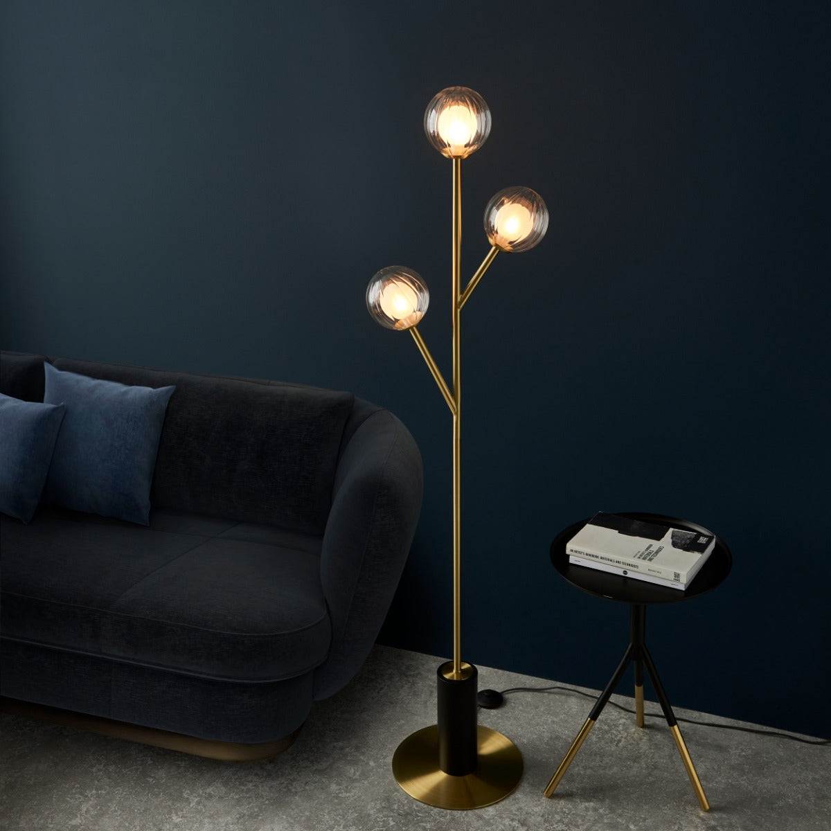 Novena Loja 3 Light Floor Lamp Satin Brass Plate Clear/Frosted Glass
