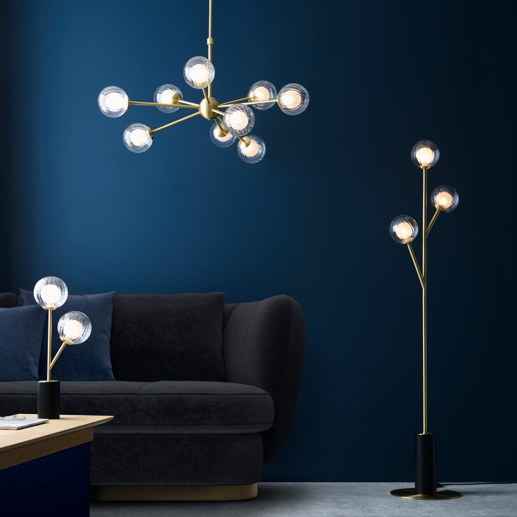 Novena Loja 3 Light Floor Lamp Satin Brass Plate Clear/Frosted Glass
