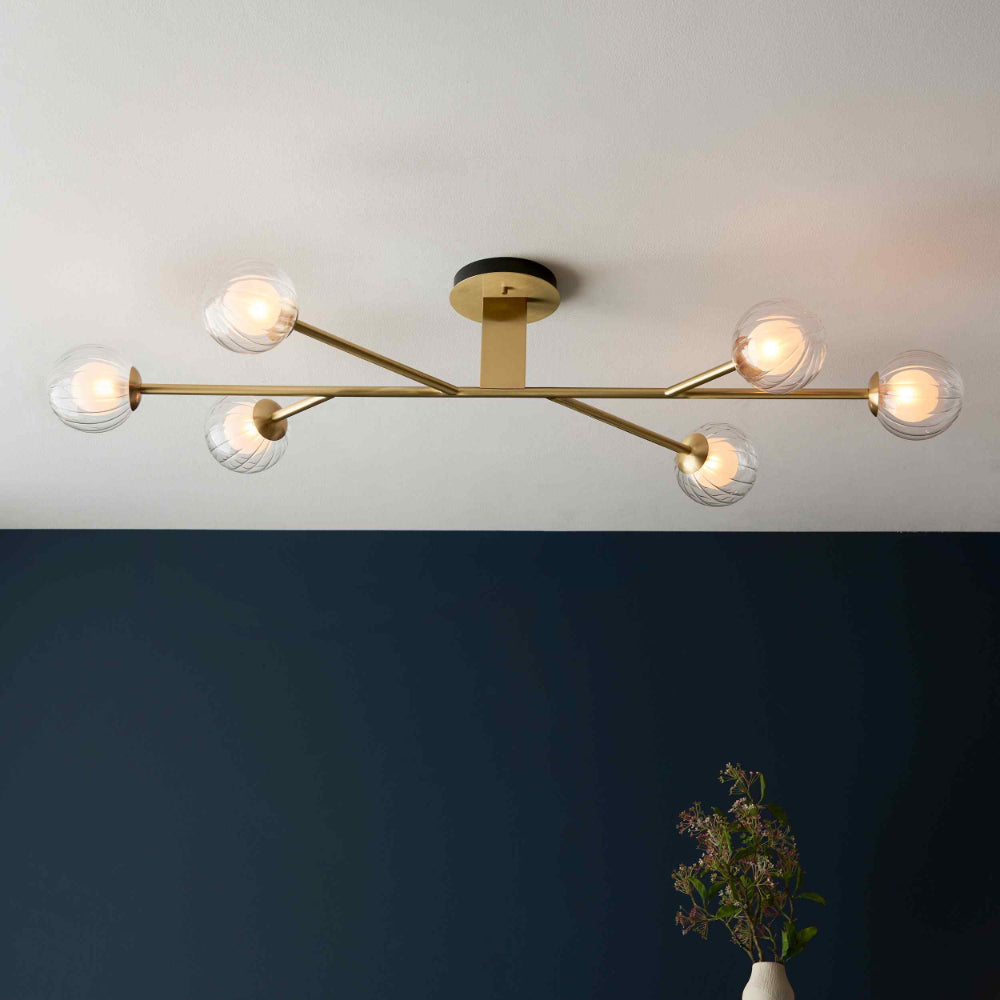 Novena Loja 6 Light Semi Flush Ceiling Light Satin Brass Clear/Frosted Glass Shades