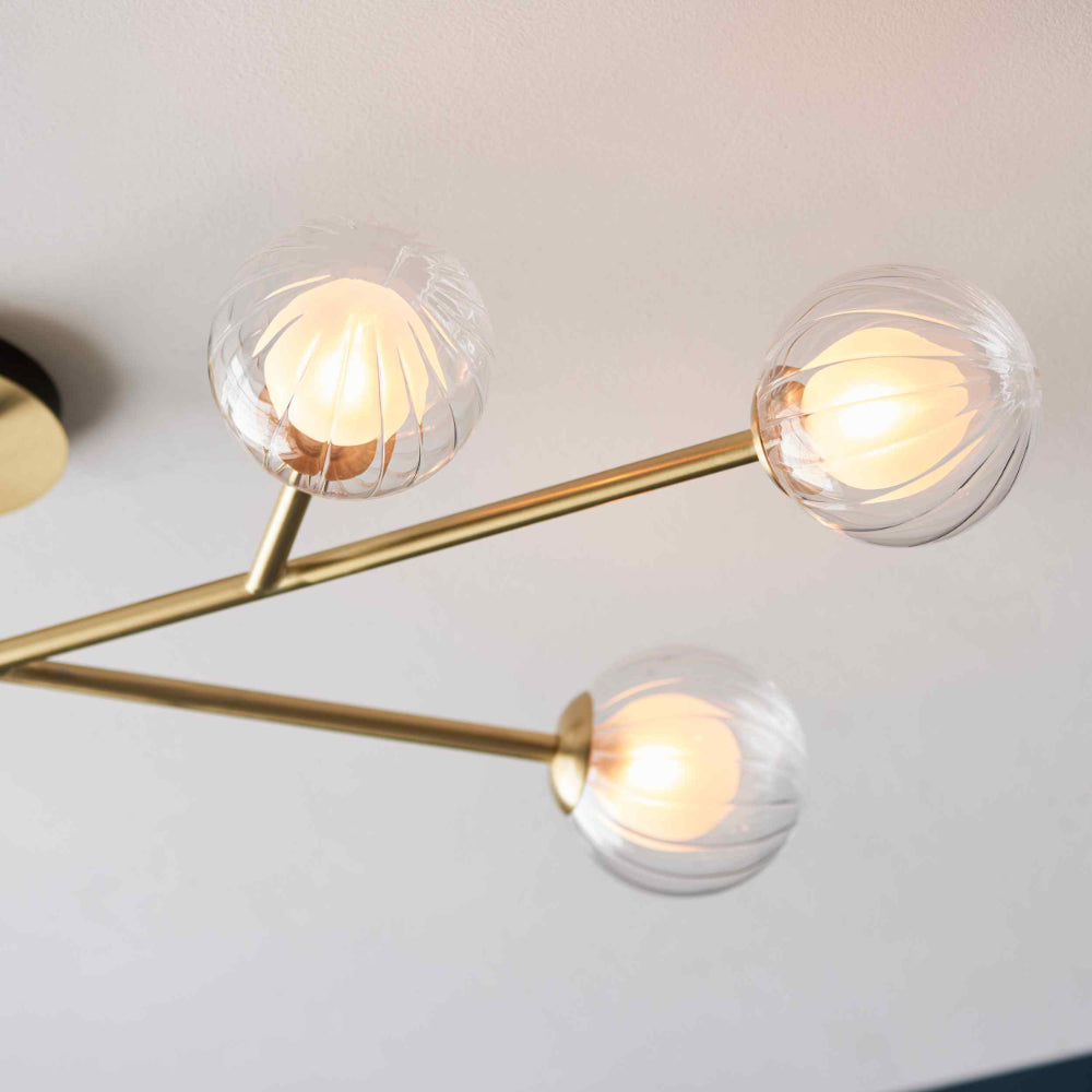 Novena Loja 6 Light Semi Flush Ceiling Light Satin Brass Clear/Frosted Glass Shades