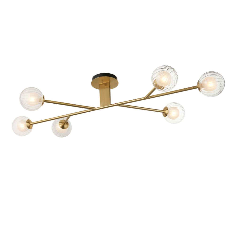 Novena Loja 6 Light Semi Flush Ceiling Light Satin Brass Clear/Frosted Glass Shades