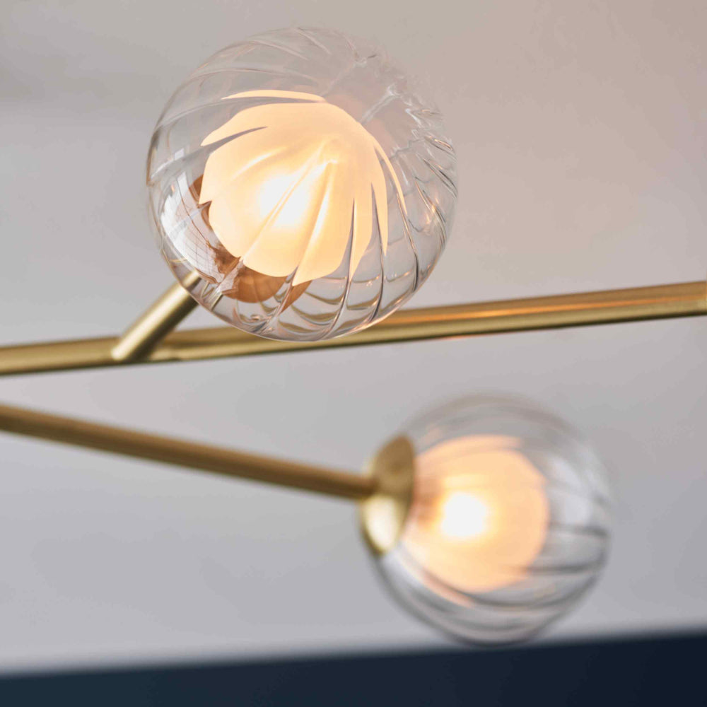 Novena Loja 6 Light Semi Flush Ceiling Light Satin Brass Clear/Frosted Glass Shades