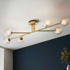 Novena Loja 6 Light Semi Flush Ceiling Light Satin Brass Clear/Frosted Glass Shades