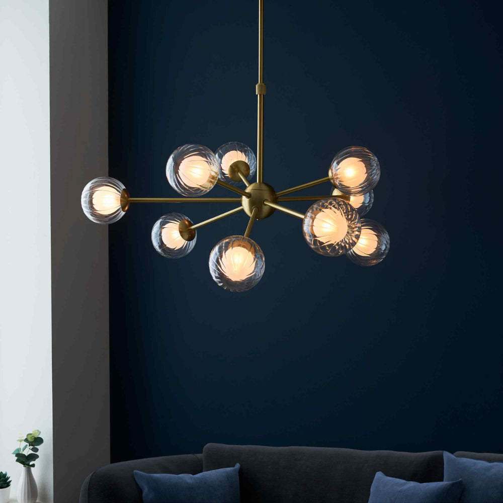 Novena Loja 9 Light Pendant Light Satin Brass Clear/Frosted Glass Shades