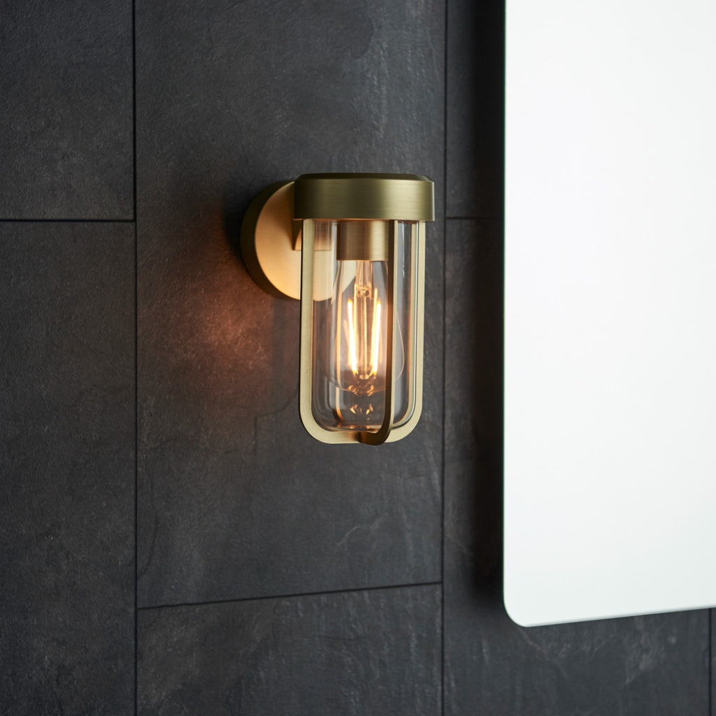 Novena Maceda 1 Light Outdoor Wall Light Brushed Gold Clear Glass
