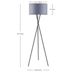 Novena Malle Tripod Floor Lamp Satin Black Grey Fabric Shade Black Piping White Inside