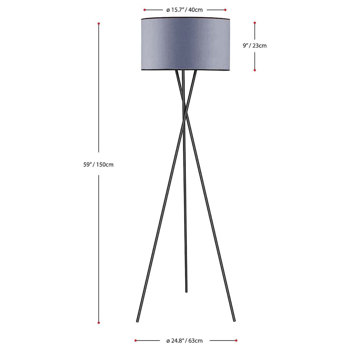 Novena Malle Tripod Floor Lamp Satin Black Grey Fabric Shade Black Piping White Inside