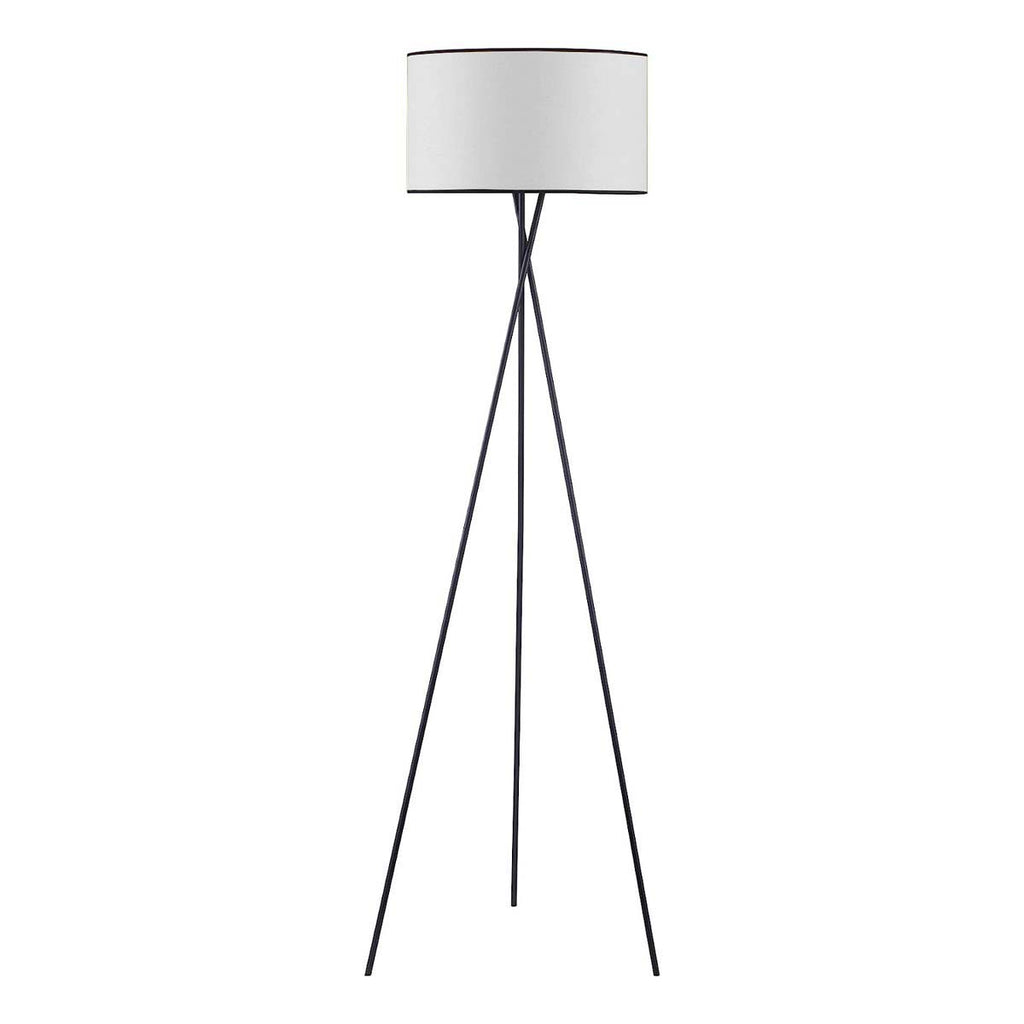 Novena Malle Tripod Floor Lamp Satin Black Off-White Fabric Shade with Black Piping and White Inside