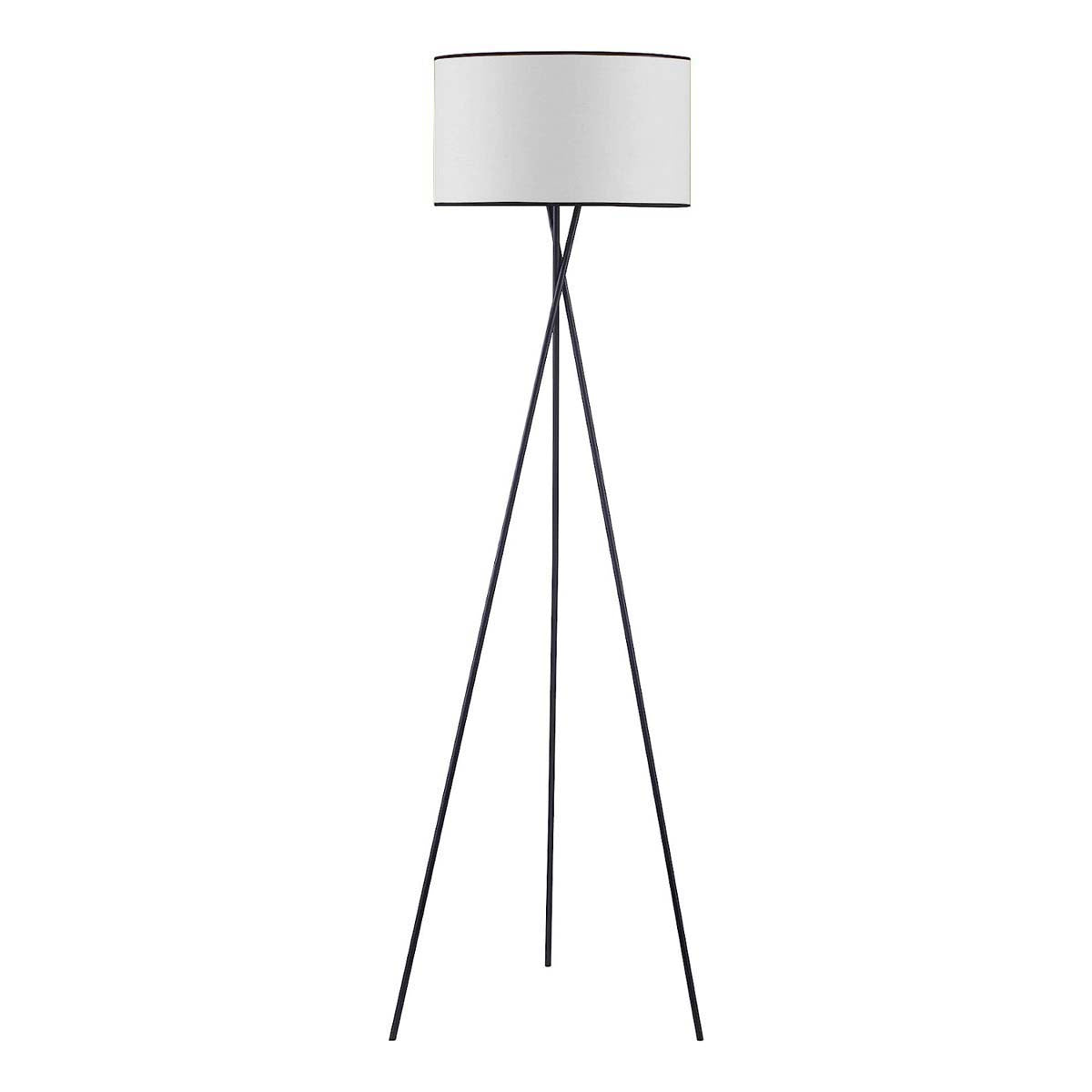 Novena Malle Tripod Floor Lamp Satin Black Off-White Fabric Shade with Black Piping and White Inside