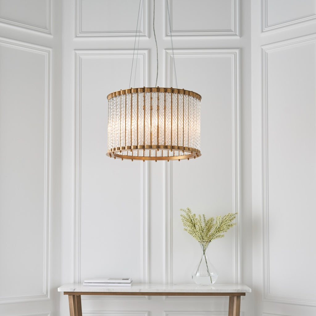 Novena Meaus 6 Light Pendant Light Clear Ribbed Glass Matt Gold Finish