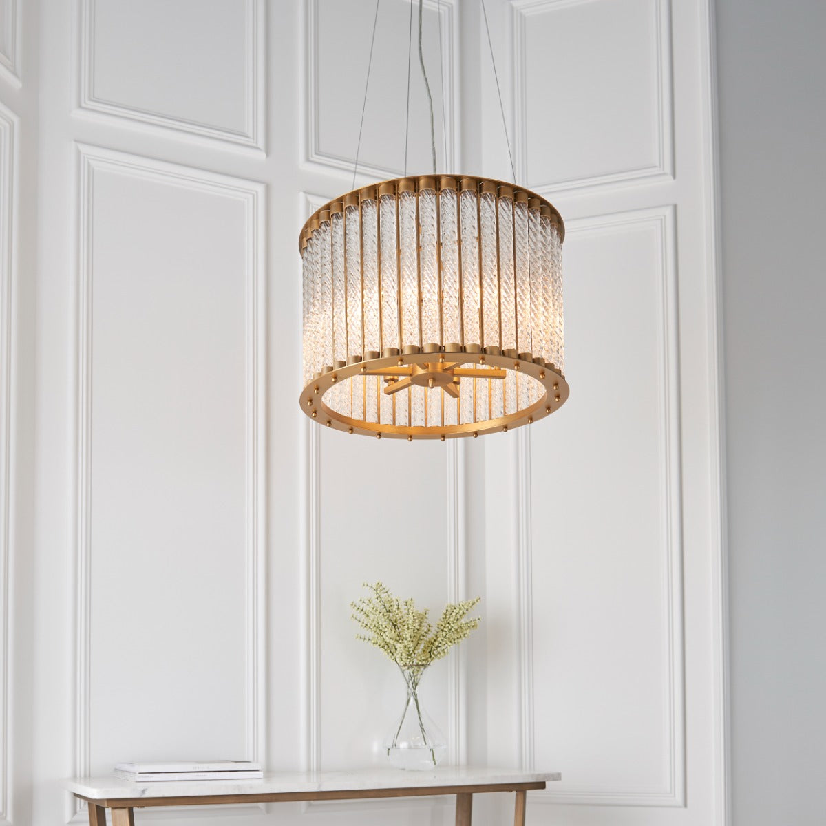 Novena Meaus 6 Light Pendant Light Clear Ribbed Glass Matt Gold Finish