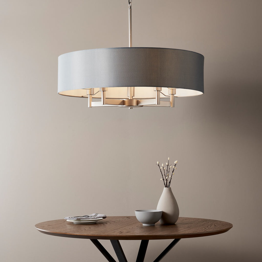 Novena Medos 5 Light Pendant Light Matt Nickel Plate Grey Fabric