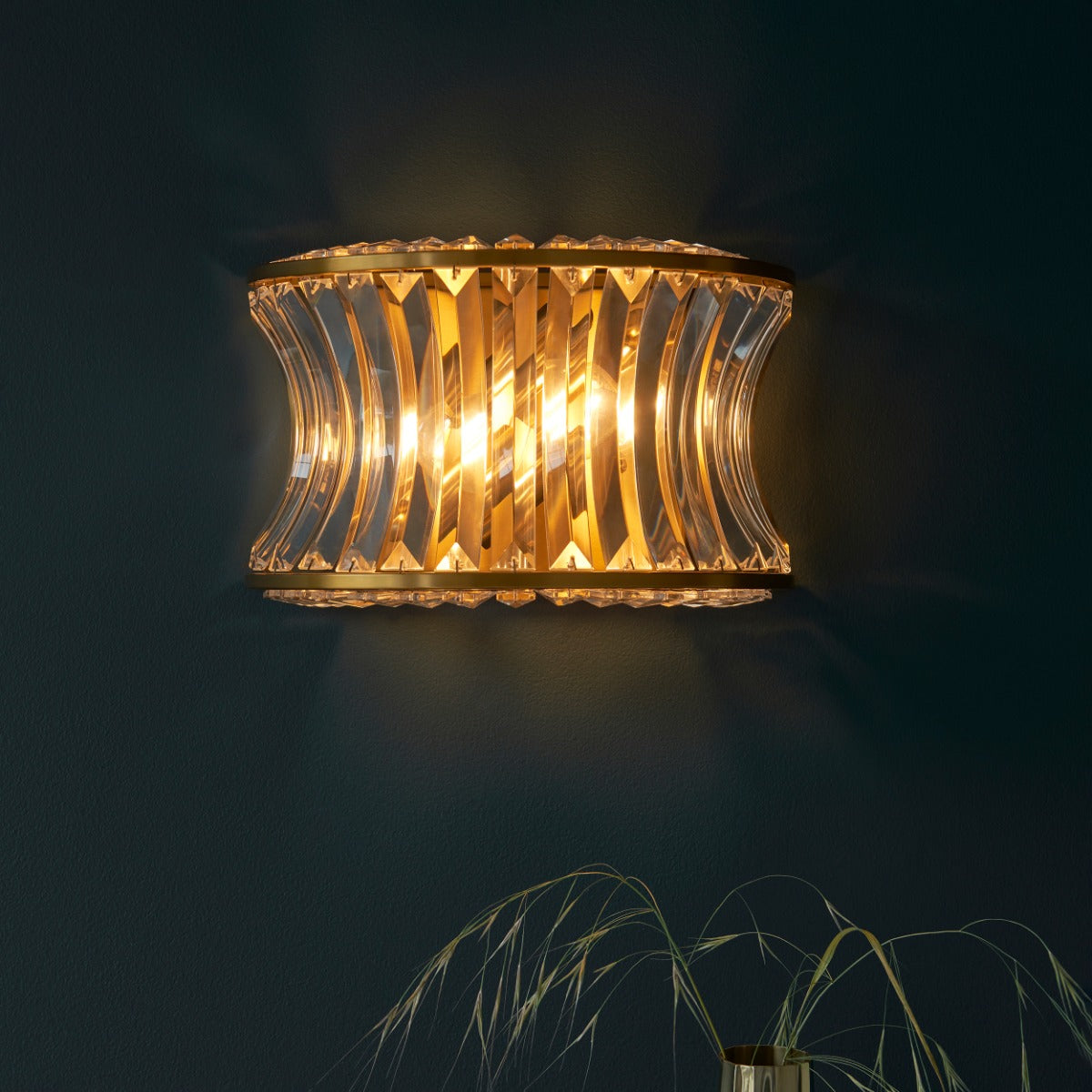 Novena Nava 2 Light Wall Light with Crystal and Clear Glass in Warm Brass