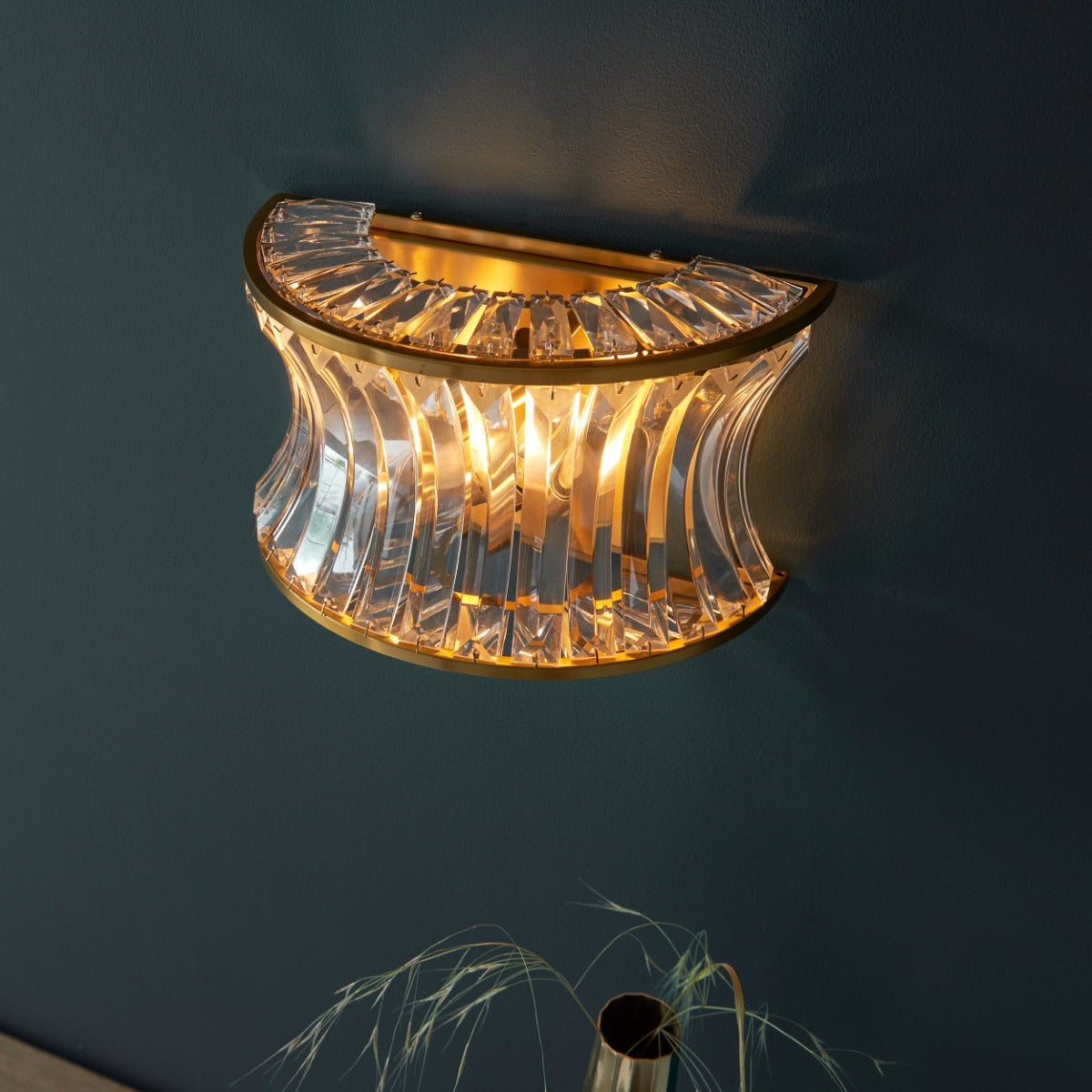 Novena Nava 2 Light Wall Light with Crystal and Clear Glass in Warm Brass
