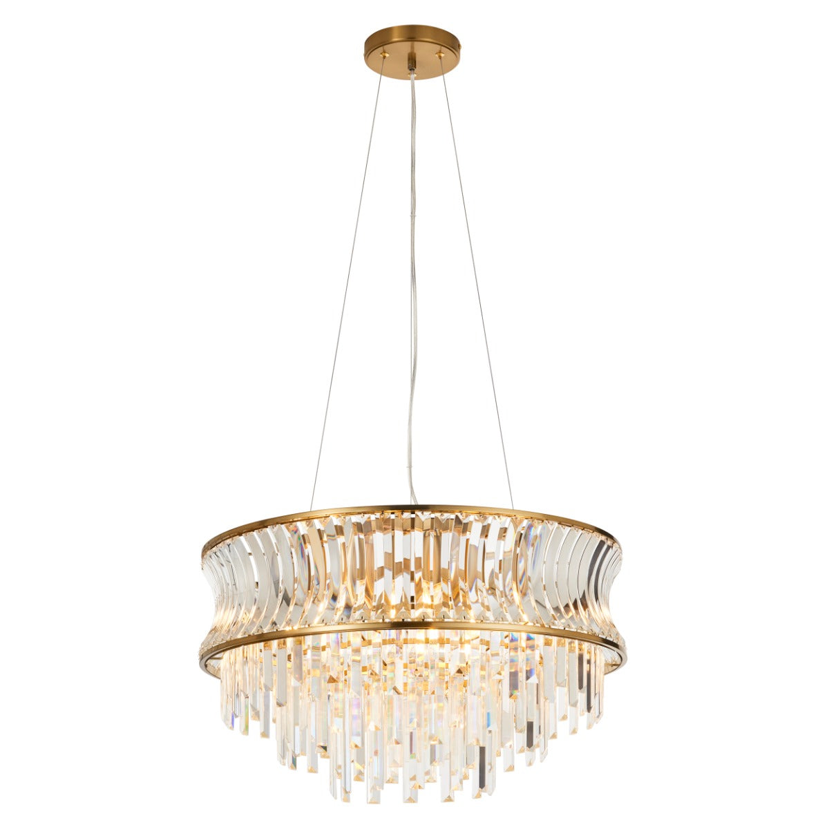 Novena Nava 9 Light Pendant Light with Crystal and Clear Glass in Warm Brass Plate