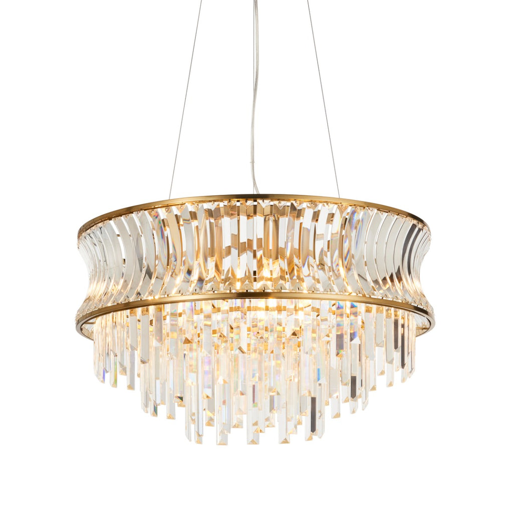 Novena Nava 9 Light Pendant Light with Crystal and Clear Glass in Warm Brass Plate