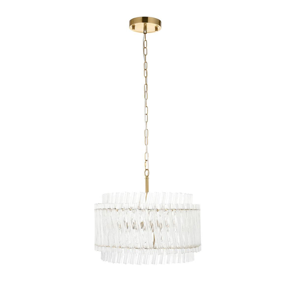 Novena Pourtel 3 Light Pendant in Brushed Aged Brass with Clear Glass Rod Shades