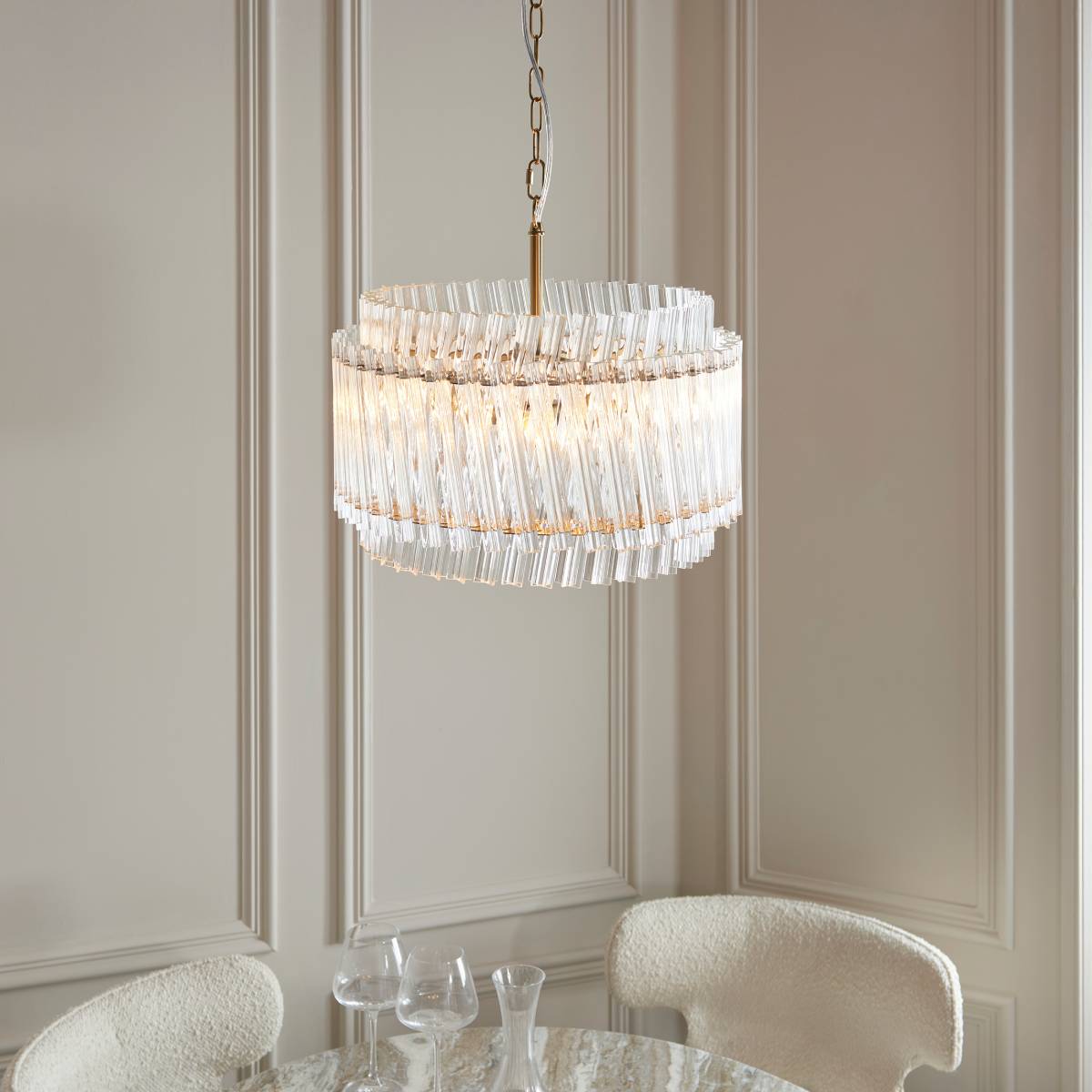 Novena Pourtel 3 Light Pendant in Brushed Aged Brass with Clear Glass Rod Shades