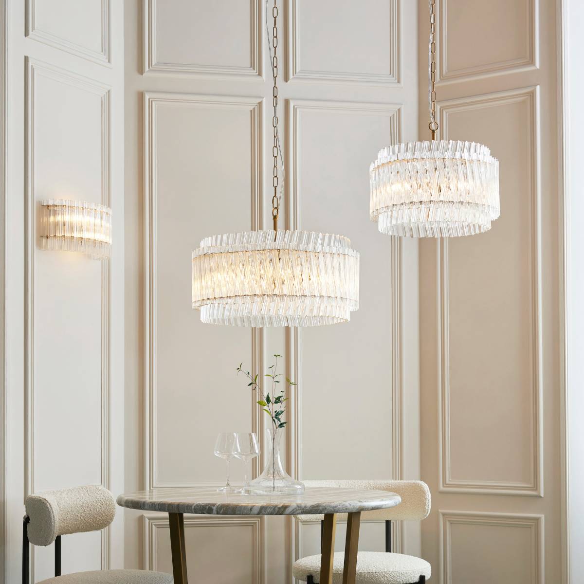 Novena Pourtel 3 Light Pendant in Brushed Aged Brass with Clear Glass Rod Shades