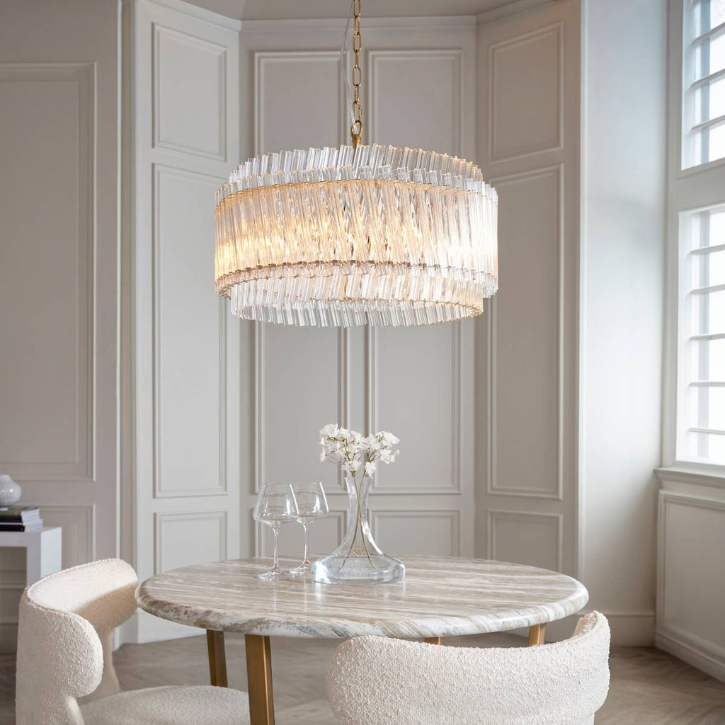 Novena Pourtel 5 Light Pendant in Brushed Aged Brass with Clear Glass Shade