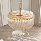 Novena Pourtel 5 Light Pendant in Brushed Aged Brass with Clear Glass Shade
