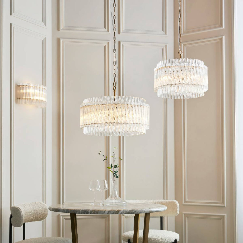 Novena Pourtel 5 Light Pendant in Brushed Aged Brass with Clear Glass Shade