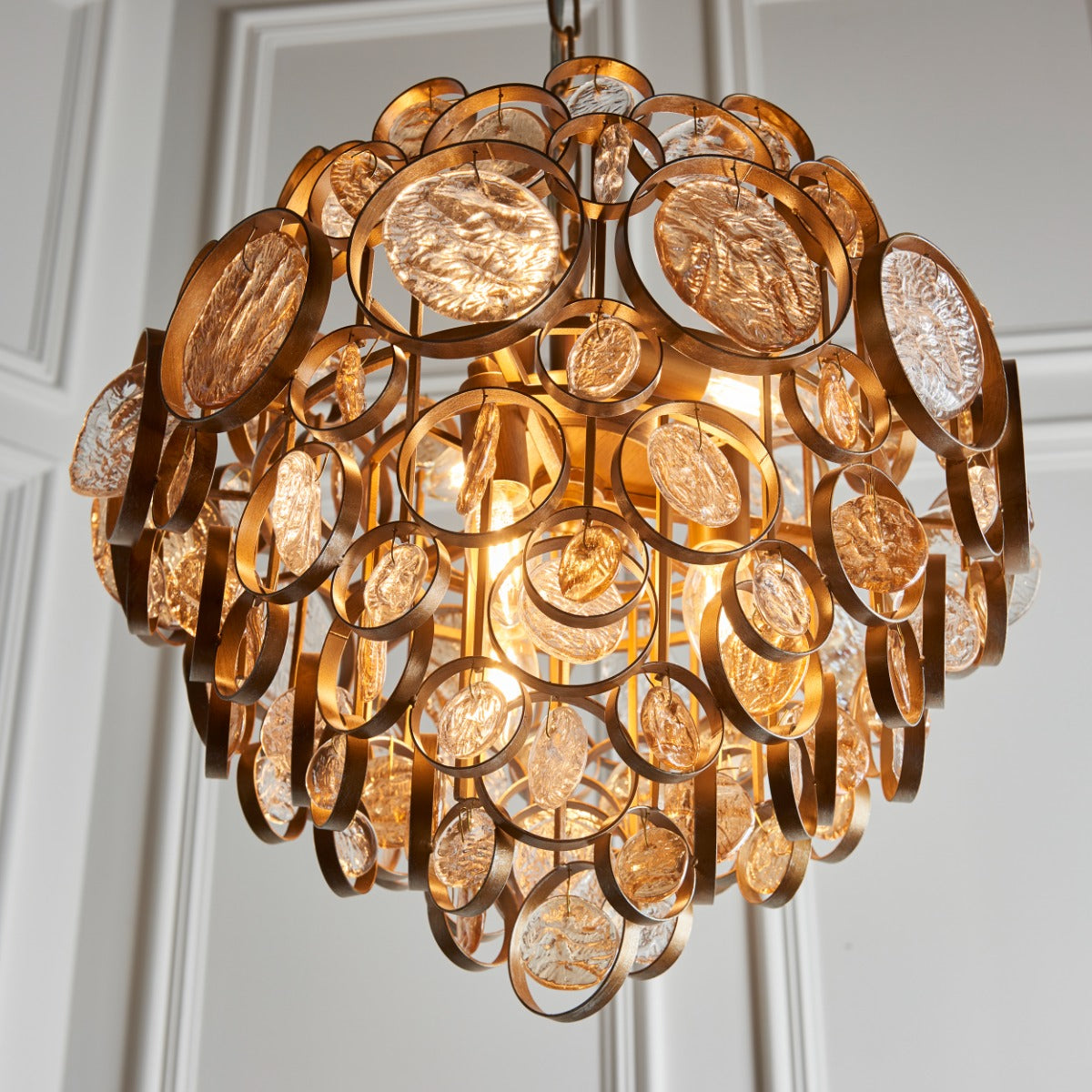 Novena Prados 6 Light Pendant Light Antique Gold Clear Amber Glass