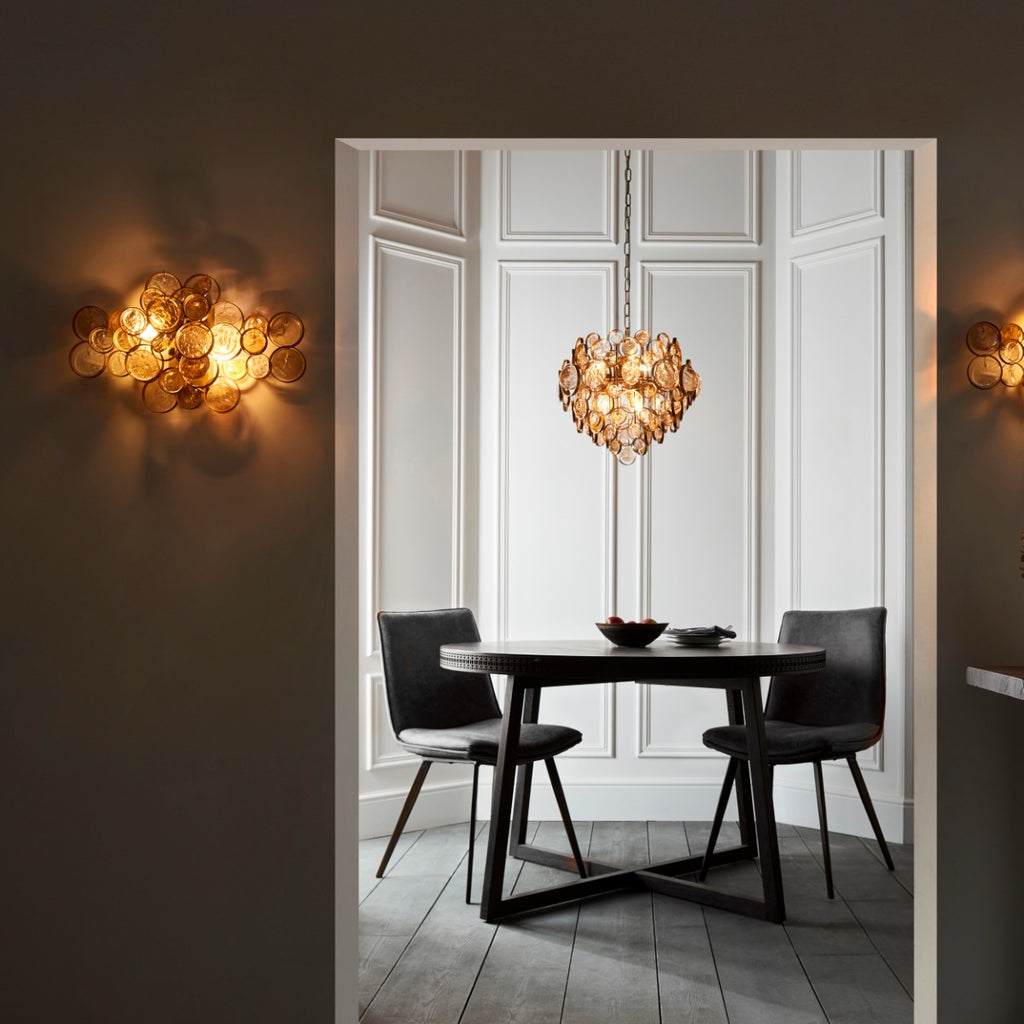 Novena Prados 6 Light Pendant Light Antique Gold Clear Amber Glass