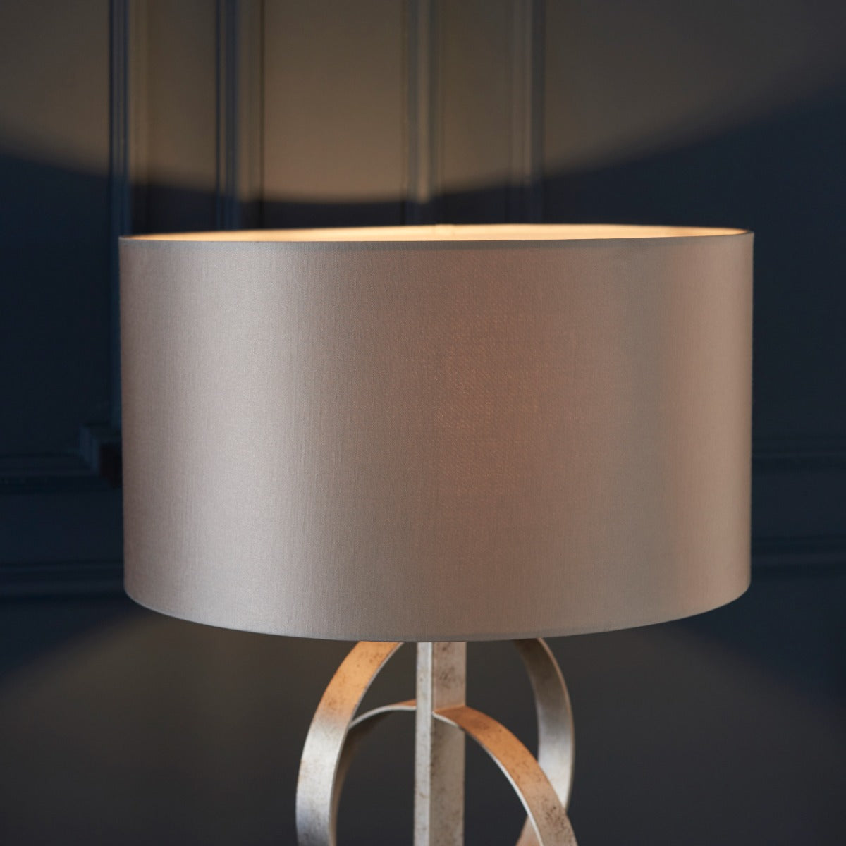 Novena Riba 1 Light Table Lamp Antique Silver Leaf Mink Satin Fabric Shade
