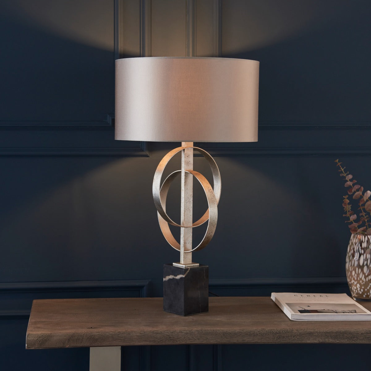 Novena Riba 1 Light Table Lamp Antique Silver Leaf Mink Satin Fabric Shade