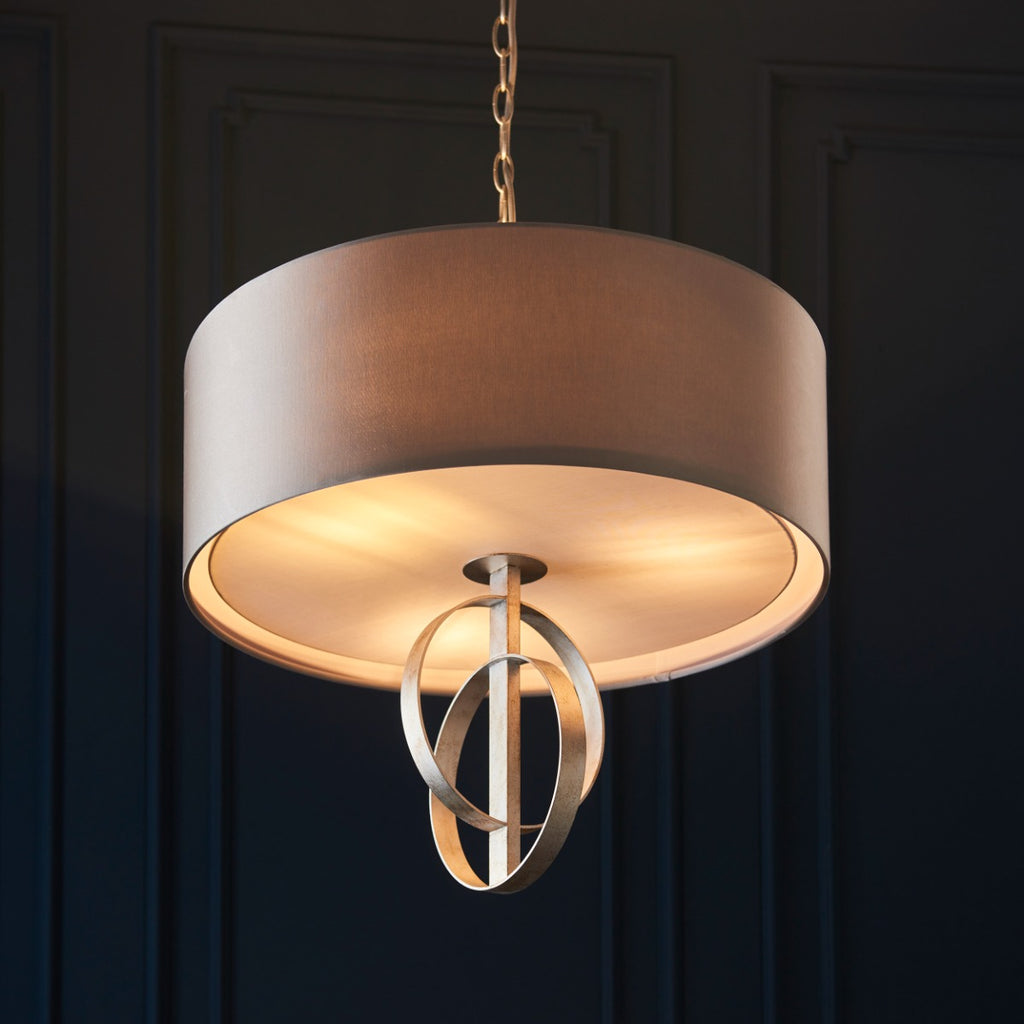 Novena Riba 3 Light Pendant Light Antique Silver Leaf Mink Satin Fabric