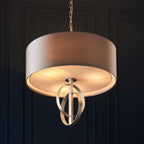 Novena Riba 3 Light Pendant Light Antique Silver Leaf Mink Satin Fabric