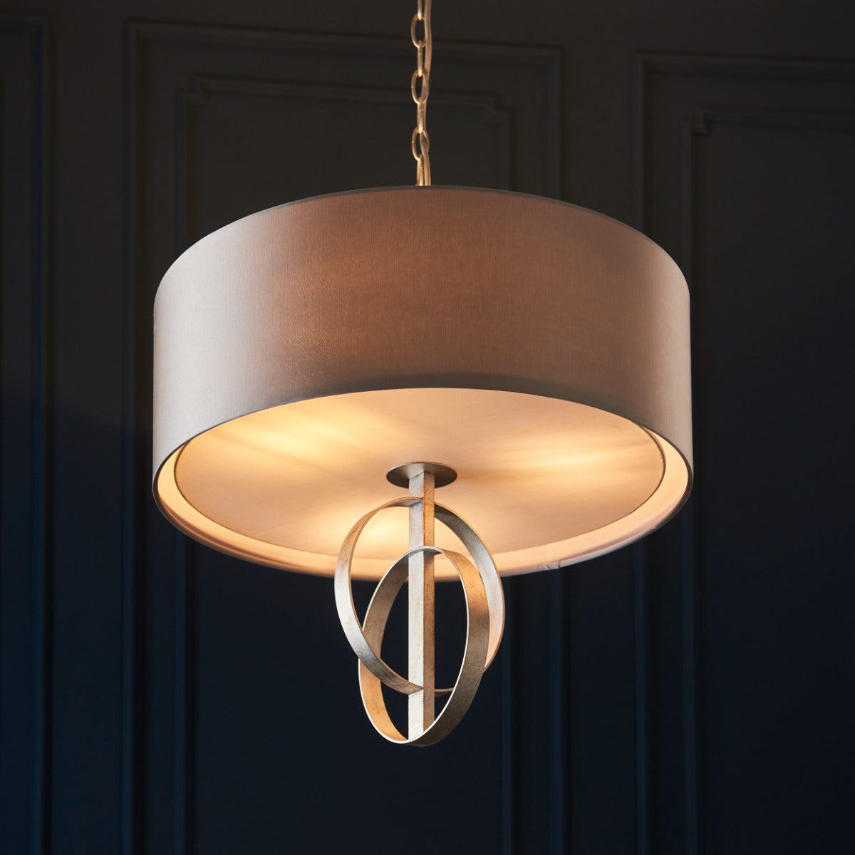 Novena Riba 3 Light Pendant Light Antique Silver Leaf Mink Satin Fabric