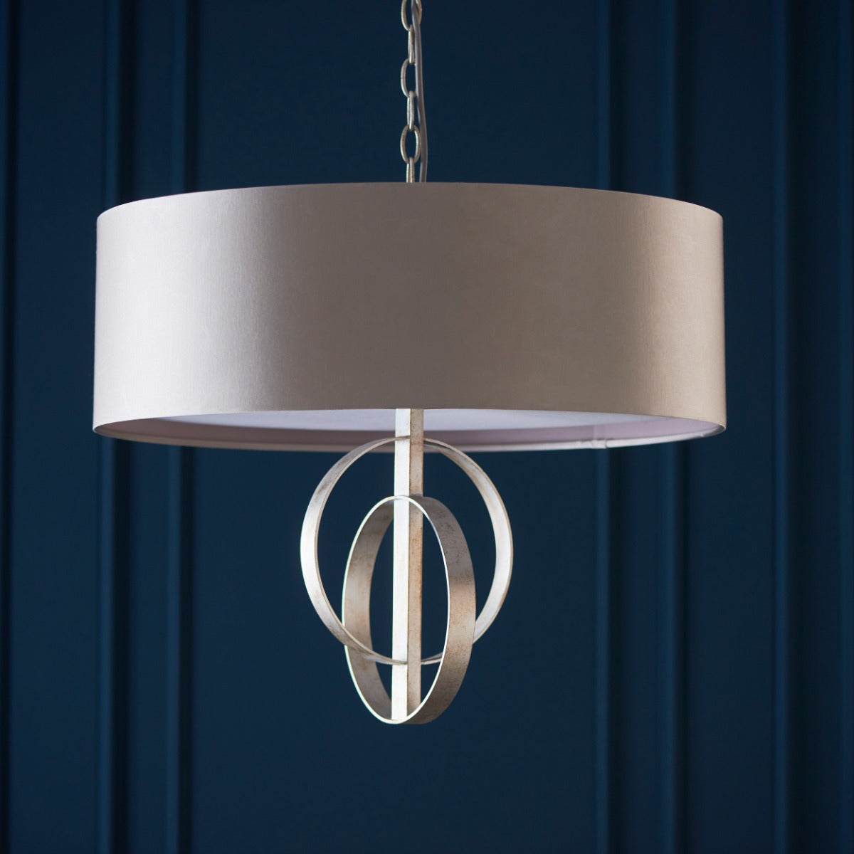 Novena Riba 3 Light Pendant Light Antique Silver Leaf Mink Satin Fabric