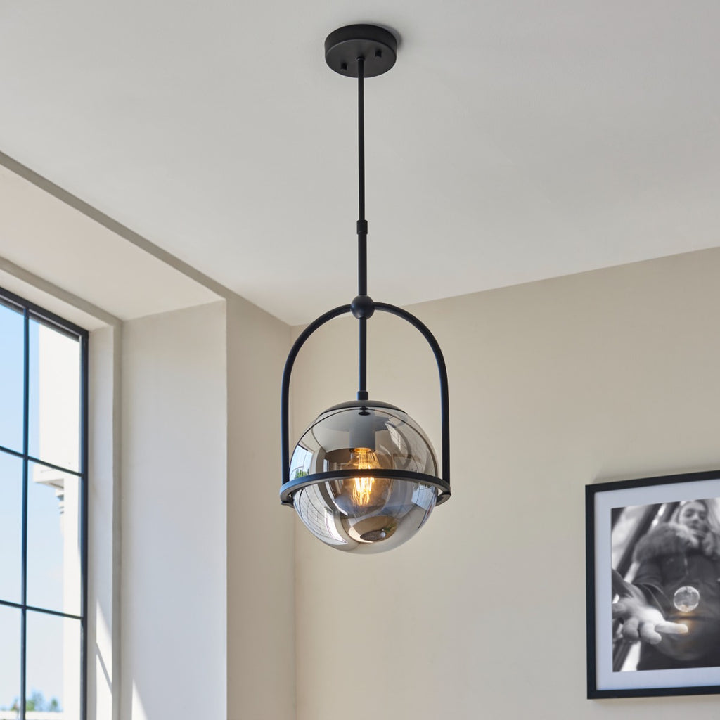 Novena Sobrado 1 Light Pendant Light Smoked Mirror Glass in Matt Black