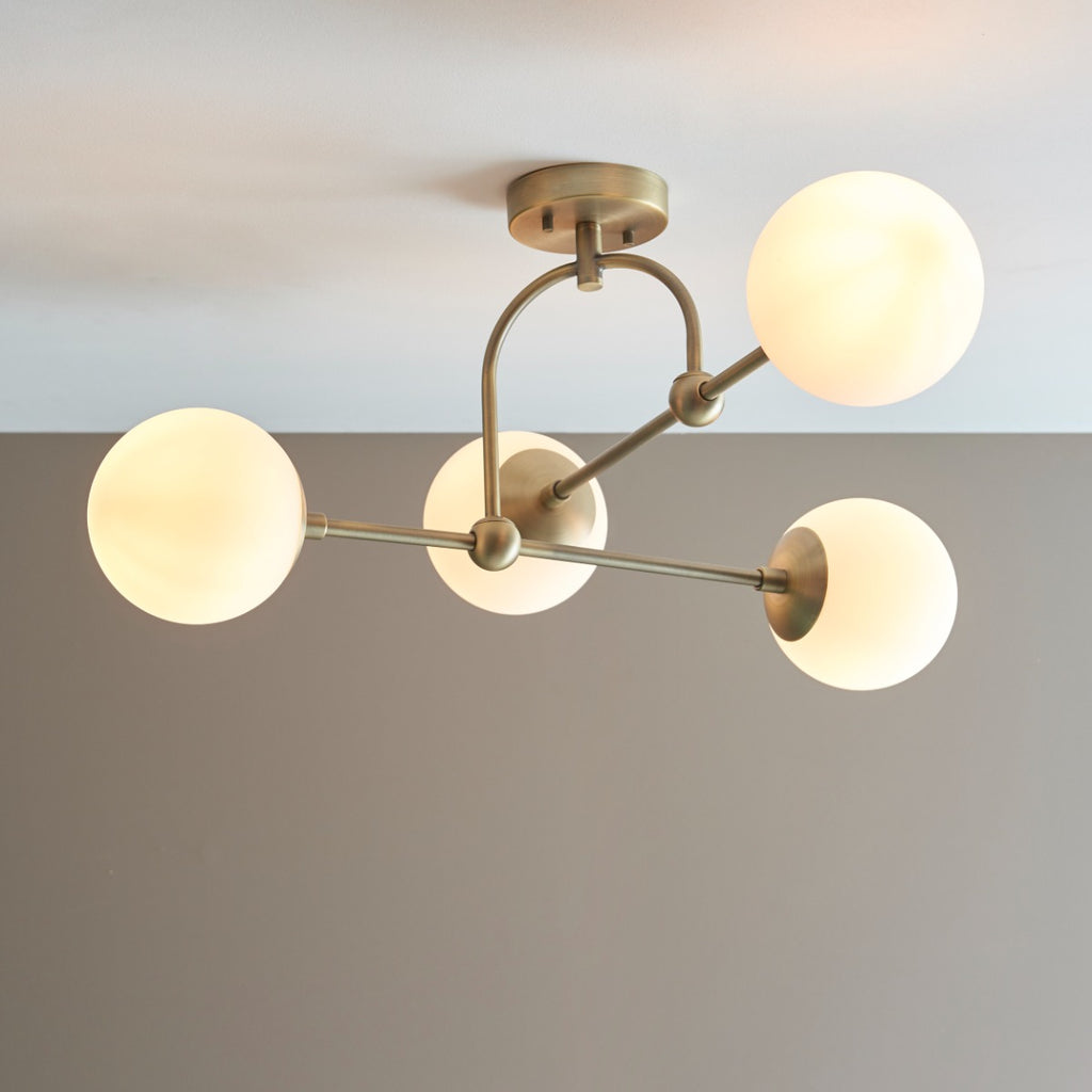 Novena Sobrado 4 Light Semi Flush Ceiling Light Opal Glass Antique Brass