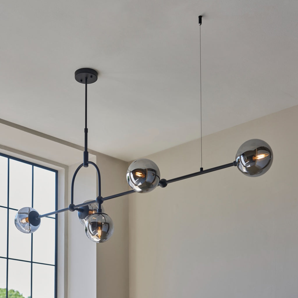 Novena Sobrado 5 Light Linear Pendant Light Matt Black Smoked Mirror Glass