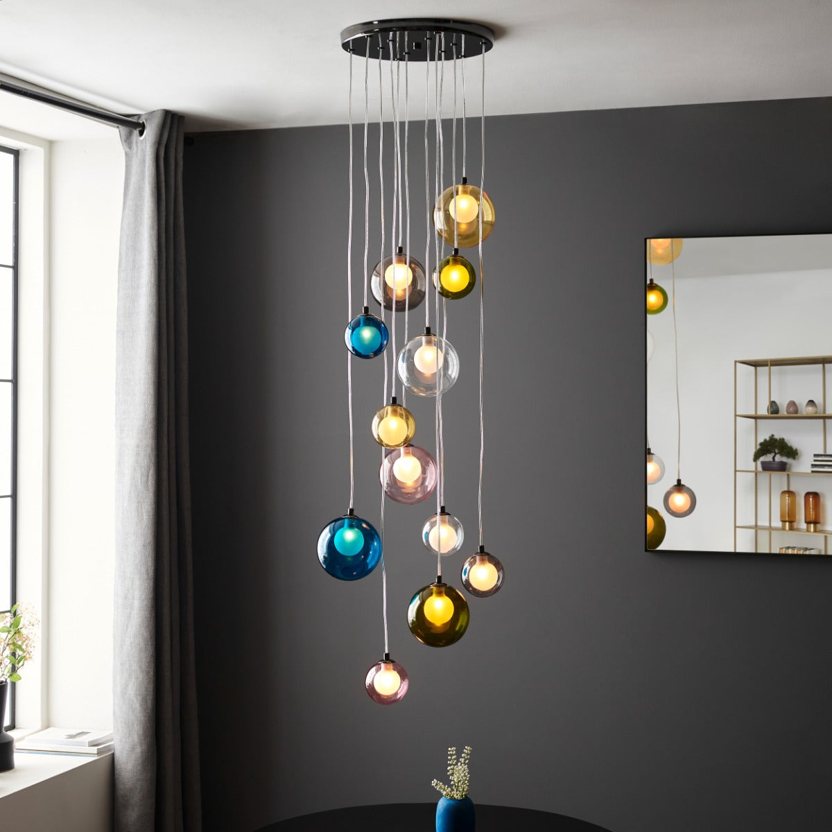 Novena Soutelo 12 Light Pendant Light Multi Coloured Glass in Black Chrome Plate