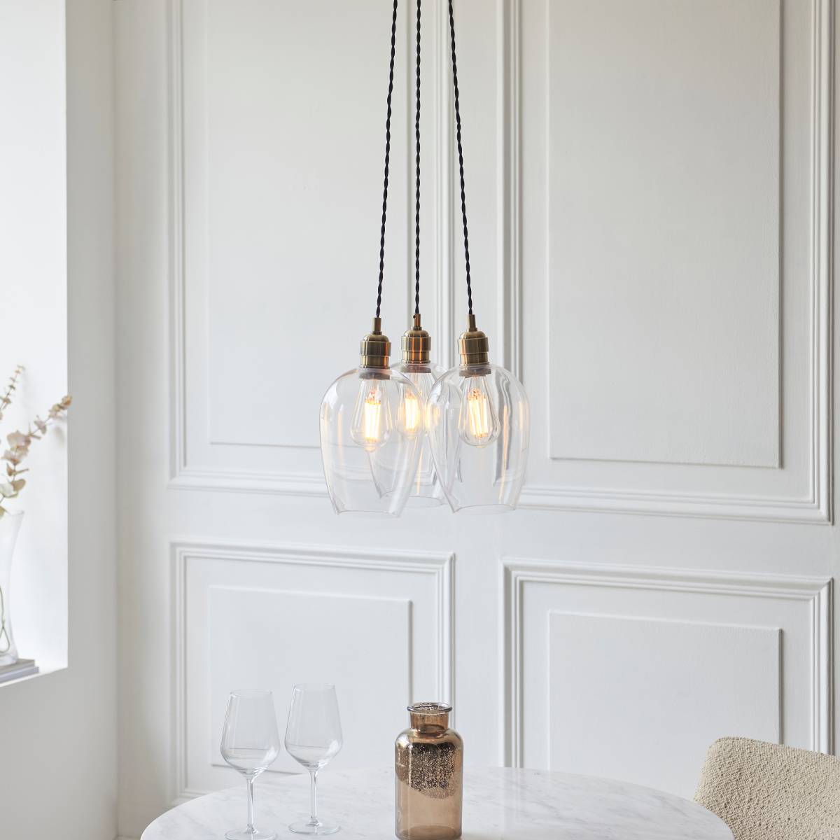Novena Tarn 3 Light Cluster Pendant in Antique Brass with Clear Glass Shades