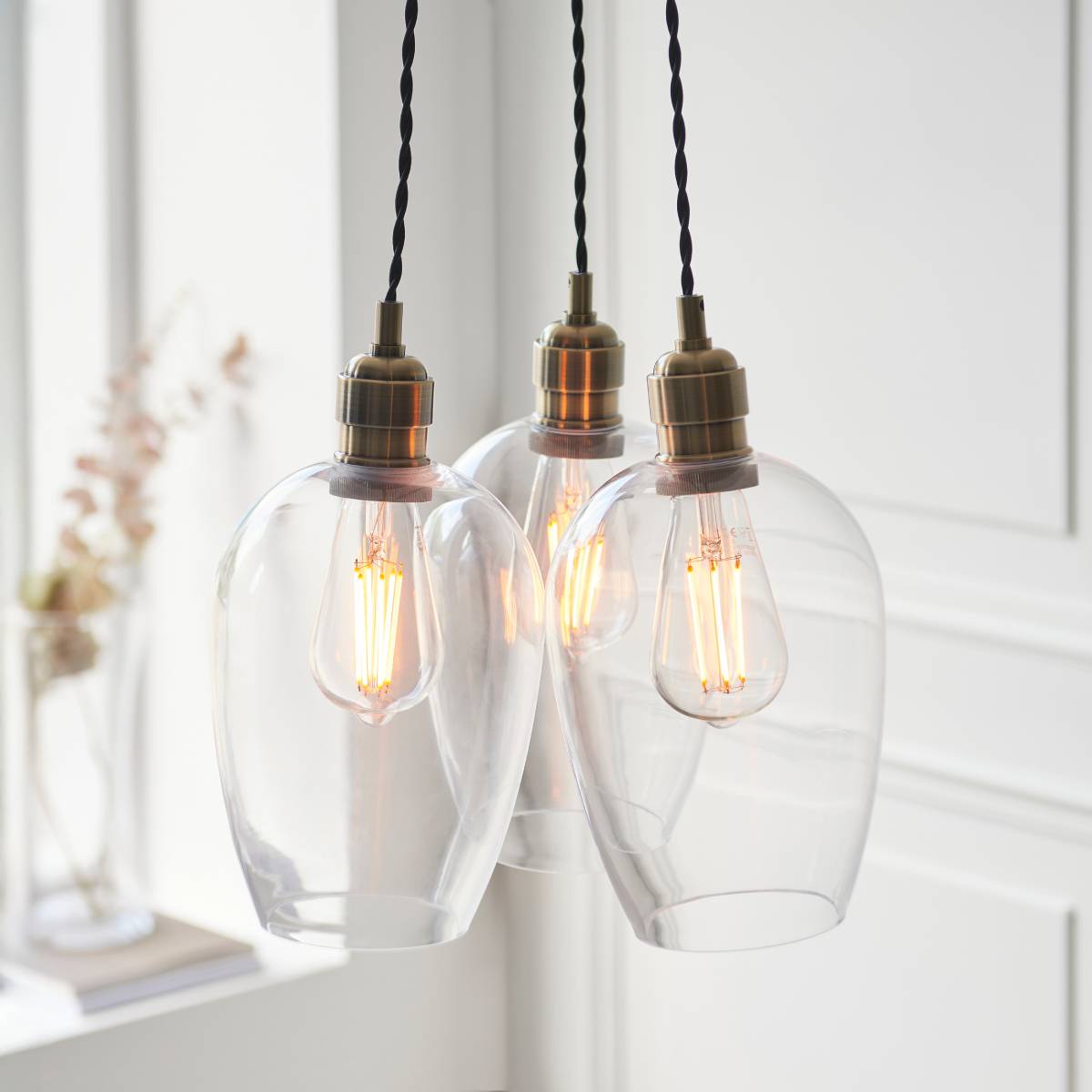 Novena Tarn 3 Light Cluster Pendant in Antique Brass with Clear Glass Shades