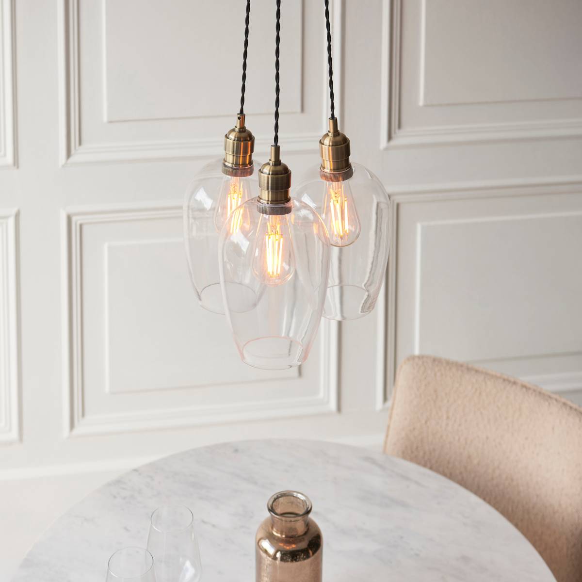 Novena Tarn 3 Light Cluster Pendant in Antique Brass with Clear Glass Shades