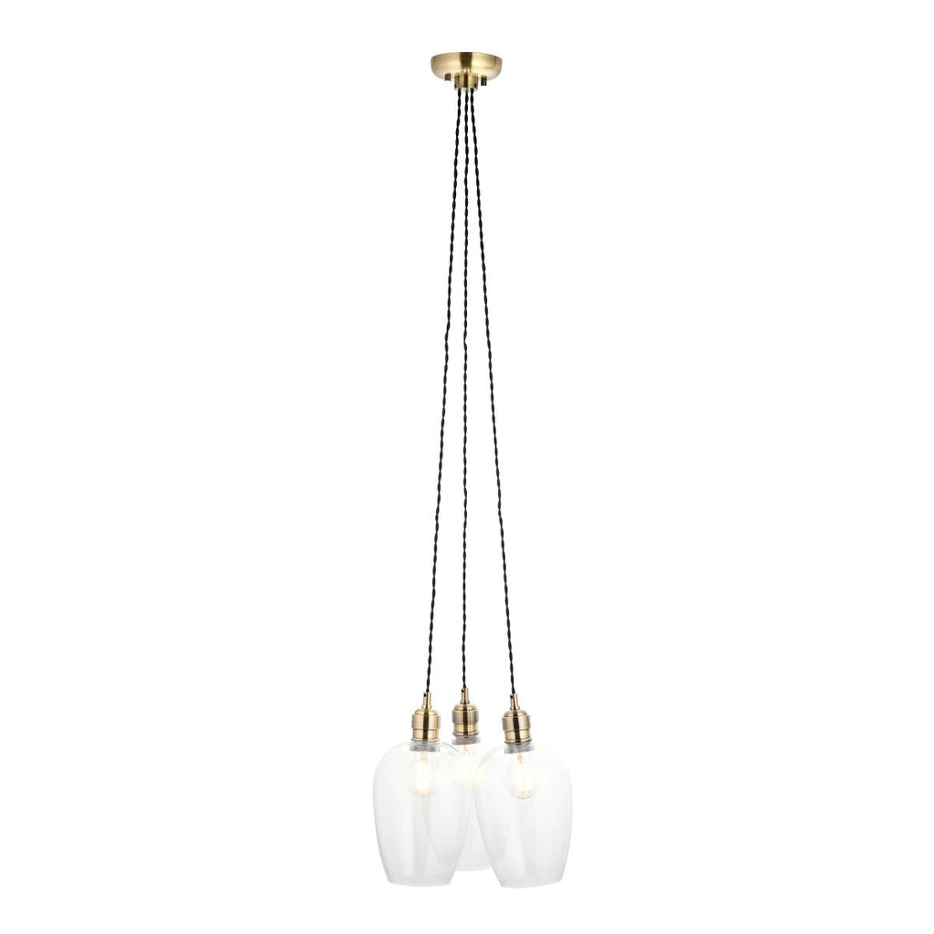 Novena Tarn 3 Light Cluster Pendant in Antique Brass with Clear Glass Shades