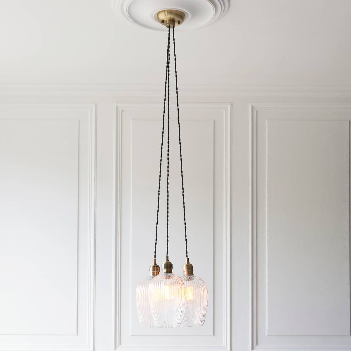 Novena Tarn 3 Light Cluster Pendant in Antique Brass with Clear Ribbed Glass Shades