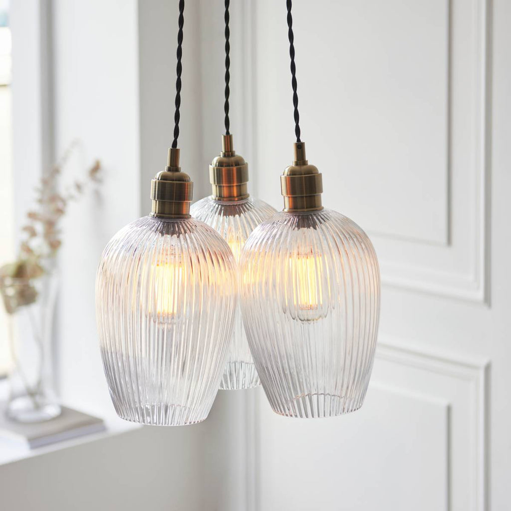 Novena Tarn 3 Light Cluster Pendant in Antique Brass with Clear Ribbed Glass Shades