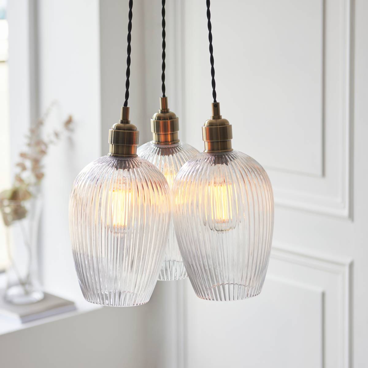 Novena Tarn 3 Light Cluster Pendant in Antique Brass with Clear Ribbed Glass Shades