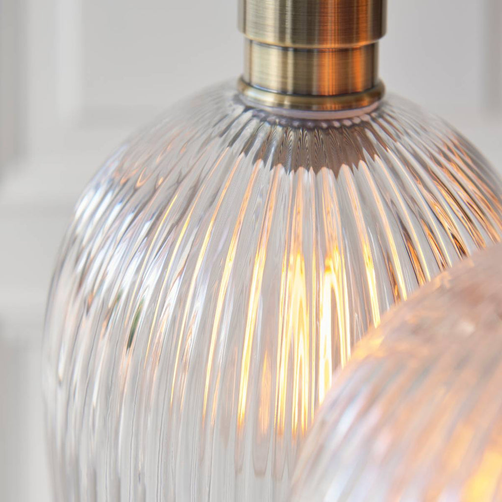 Novena Tarn 3 Light Cluster Pendant in Antique Brass with Clear Ribbed Glass Shades